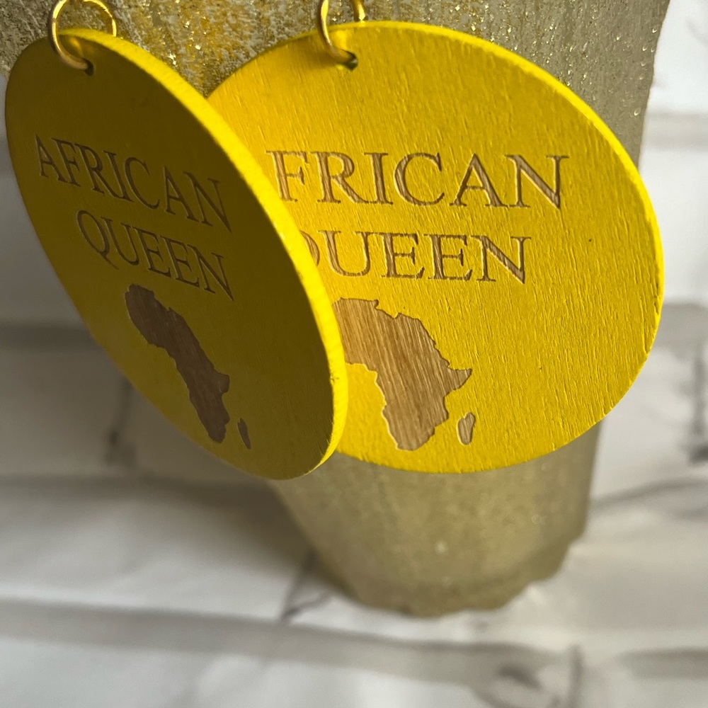 African Queen Map handmade carved wood round vibrant  yellow earrings 2.5” NWOT